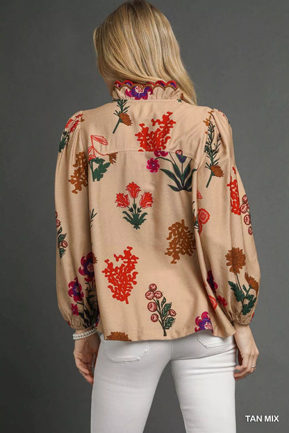 Umgee Flower Print Blouse with Scalloped Neckline - Bitsy Gypsy Boutique