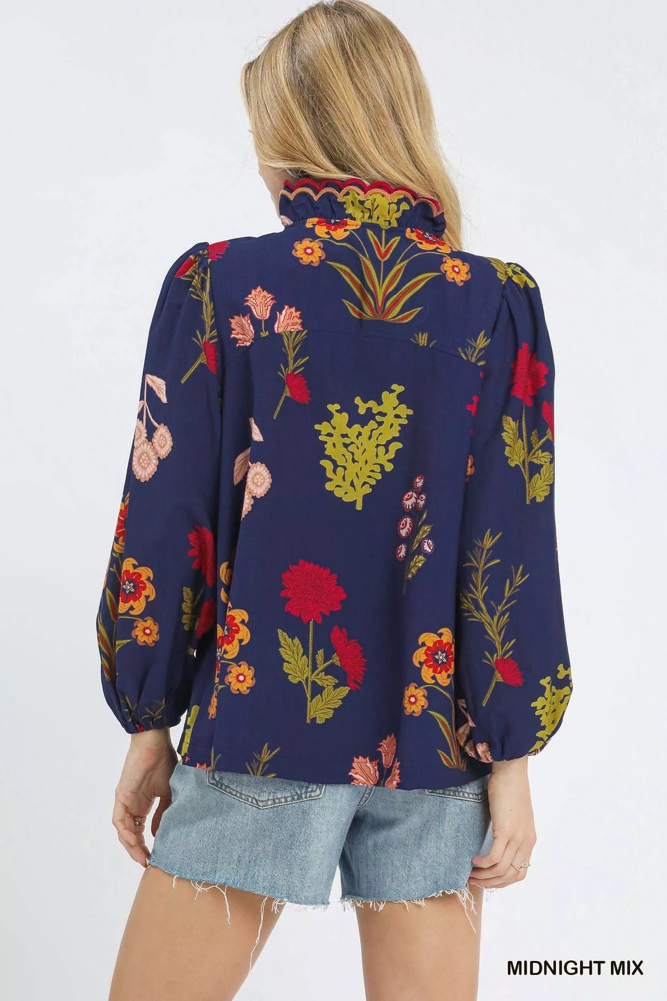 Umgee Flower Print Blouse with Scalloped Neckline - Bitsy Gypsy Boutique