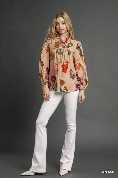 Umgee Flower Print Blouse with Scalloped Neckline - Bitsy Gypsy Boutique