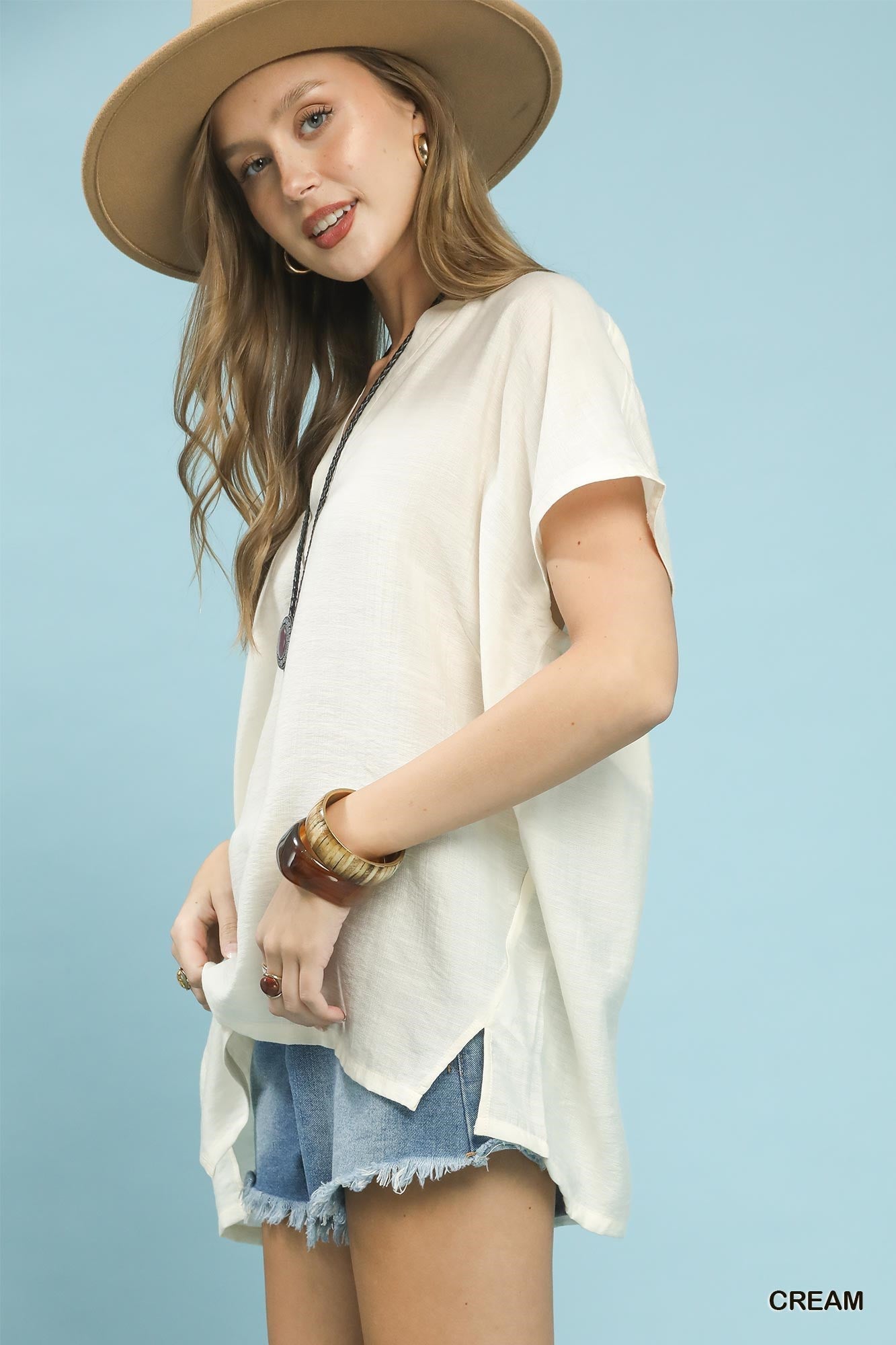 Umgee Flowy V - Neck Short Sleeve Blouse - Bitsy Gypsy Boutique