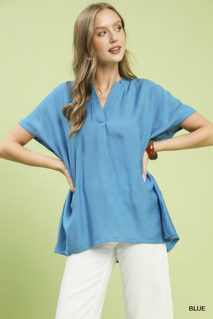 Umgee Flowy V - Neck Short Sleeve Blouse - Bitsy Gypsy Boutique