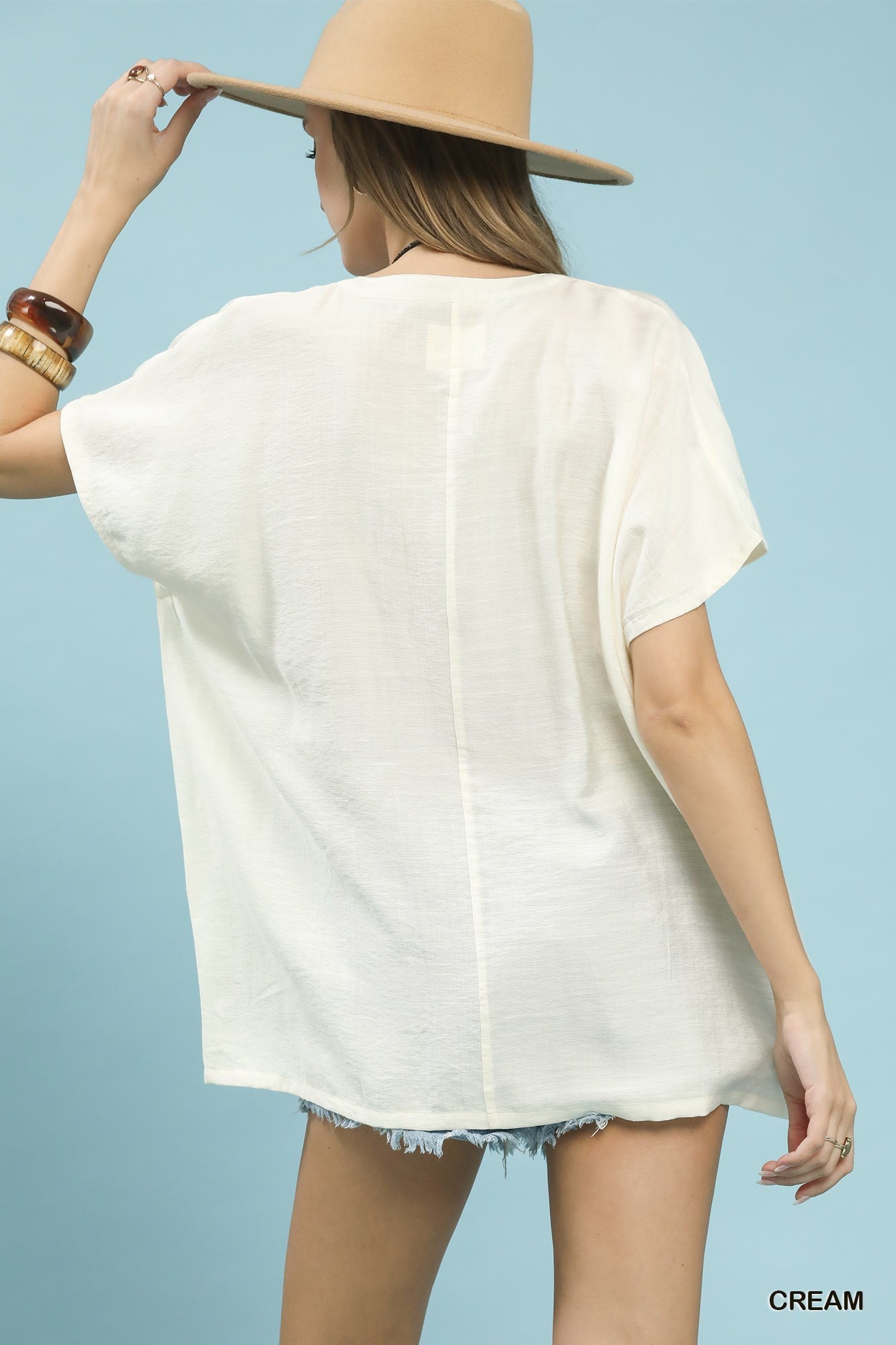 Umgee Flowy V - Neck Short Sleeve Blouse - Bitsy Gypsy Boutique