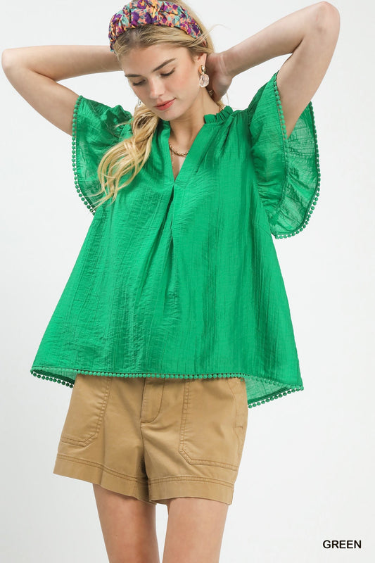 Umgee Flutter Sleeve Relaxed Top with Trim Detail - Bitsy Gypsy Boutique