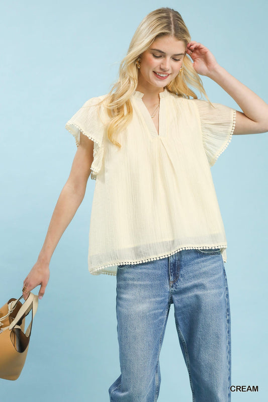 Umgee Flutter Sleeve Relaxed Top with Trim Detail - Bitsy Gypsy Boutique