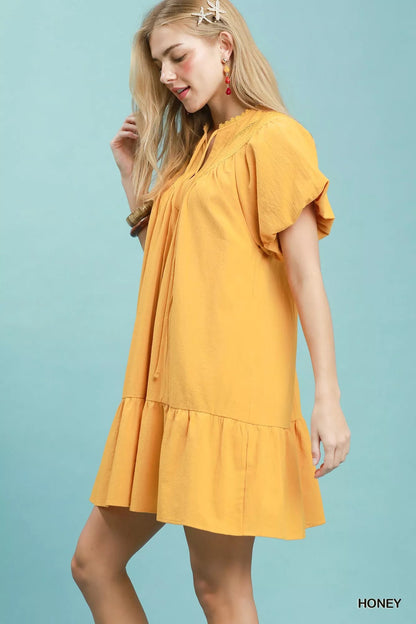 Umgee Flutter Sleeve Tassel Tie Ruffle Hem Mini Dress - Bitsy Gypsy Boutique