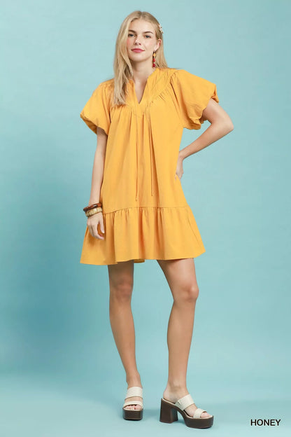 Umgee Flutter Sleeve Tassel Tie Ruffle Hem Mini Dress - Bitsy Gypsy Boutique