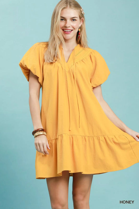 Umgee Flutter Sleeve Tassel Tie Ruffle Hem Mini Dress - Bitsy Gypsy Boutique