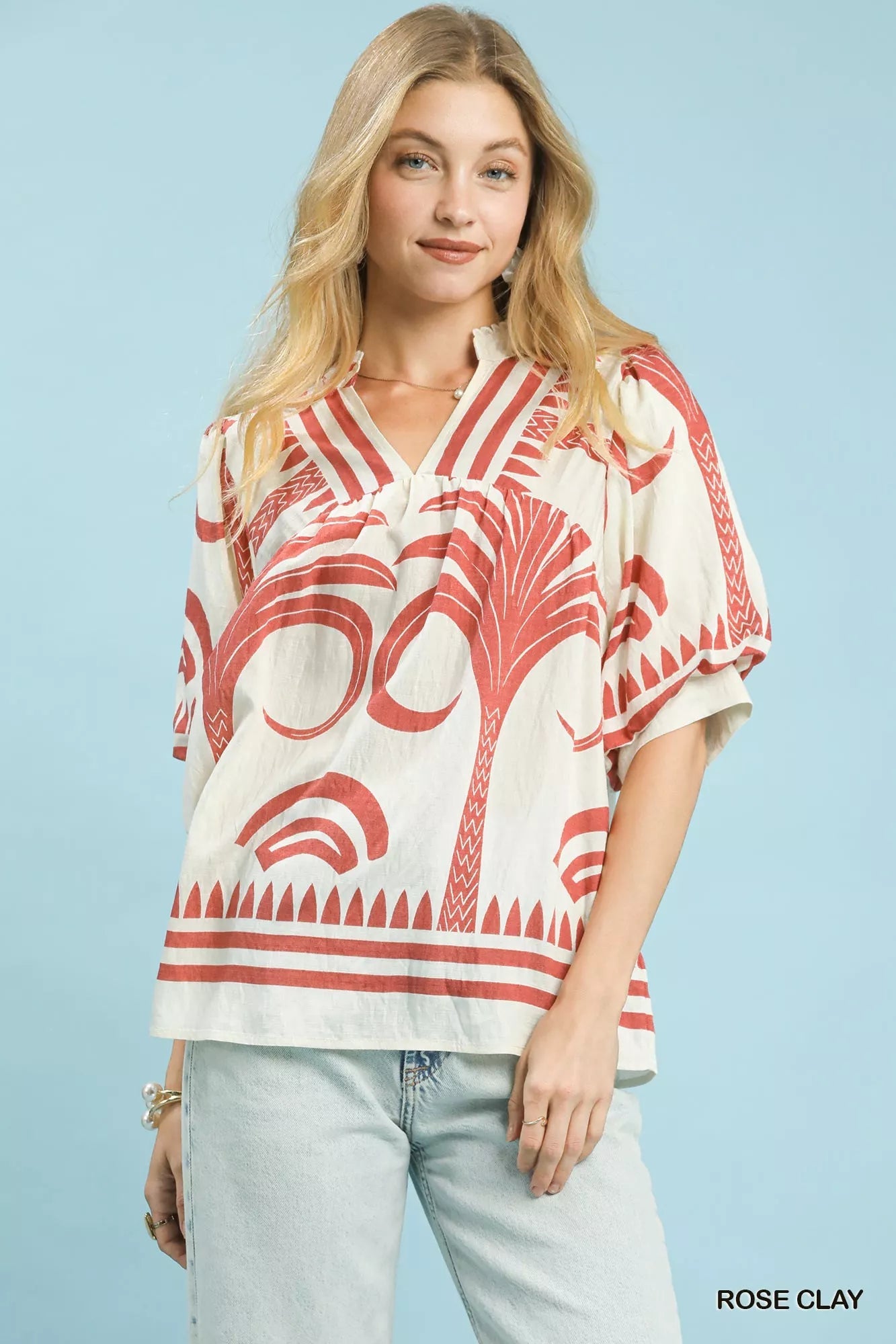 Umgee Folk Art Palm Print Puff Sleeve Blouse - Bitsy Gypsy Boutique