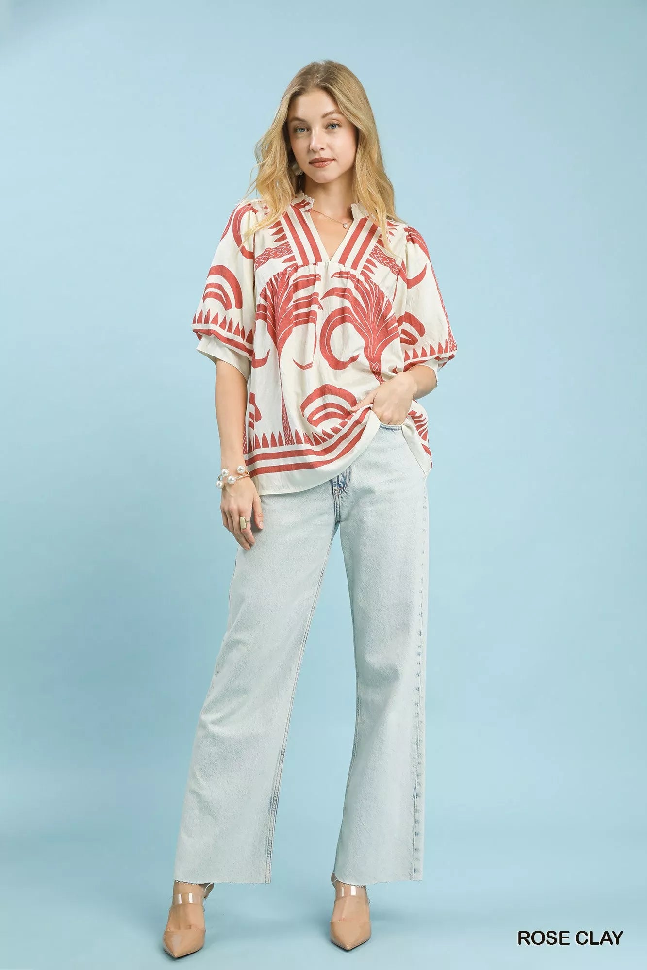 Umgee Folk Art Palm Print Puff Sleeve Blouse - Bitsy Gypsy Boutique