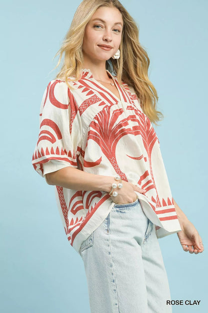 Umgee Folk Art Palm Print Puff Sleeve Blouse - Bitsy Gypsy Boutique