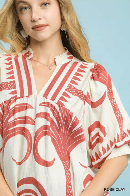 Umgee Folk Art Palm Print Puff Sleeve Blouse - Bitsy Gypsy Boutique