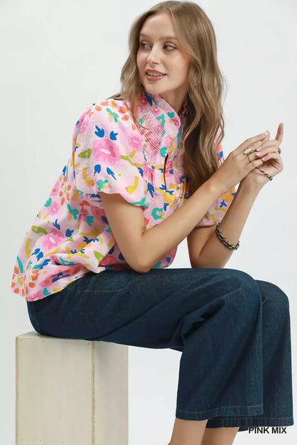 Umgee Folk Art Print Top with Smocked Detail - Bitsy Gypsy Boutique