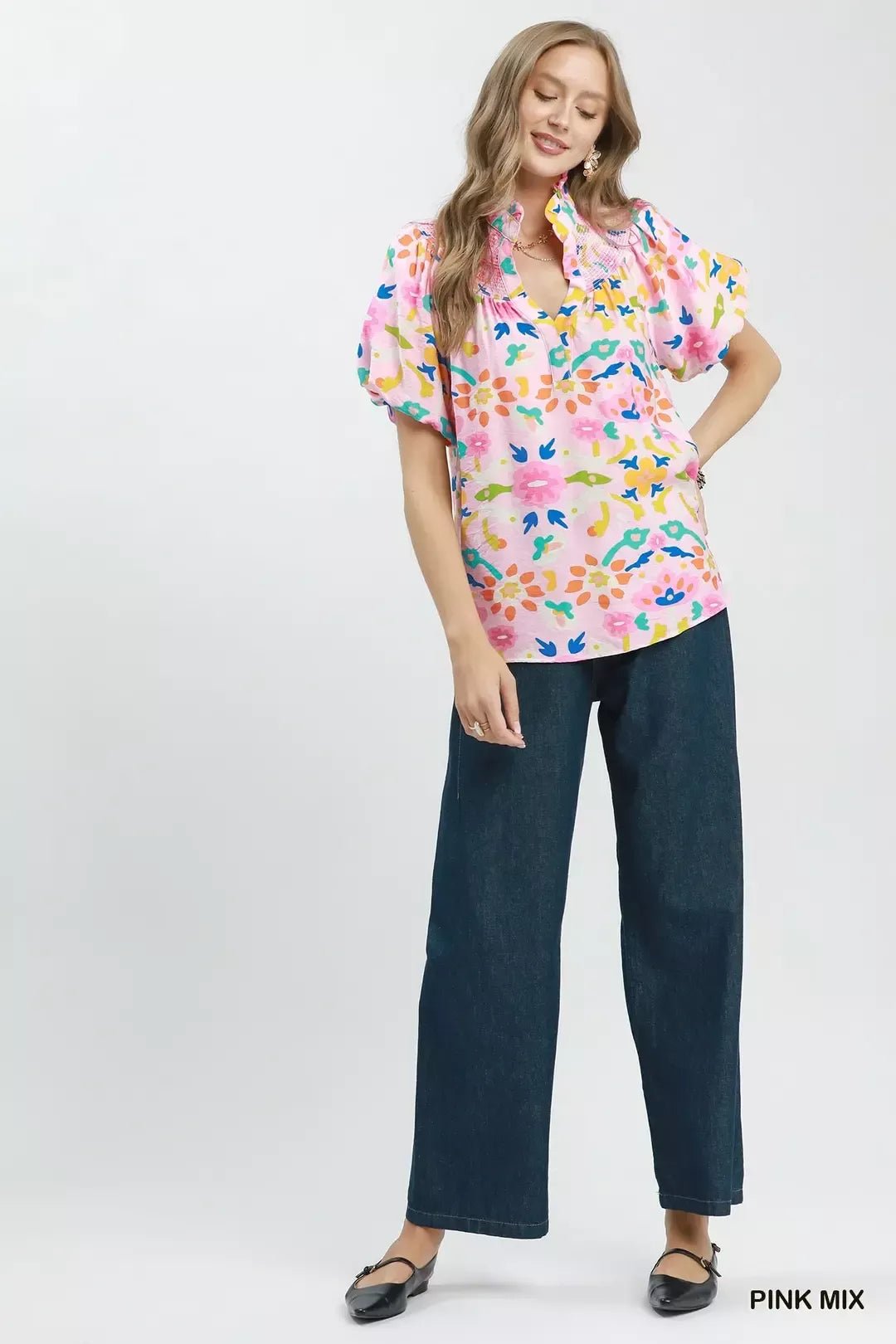 Umgee Folk Art Print Top with Smocked Detail - Bitsy Gypsy Boutique