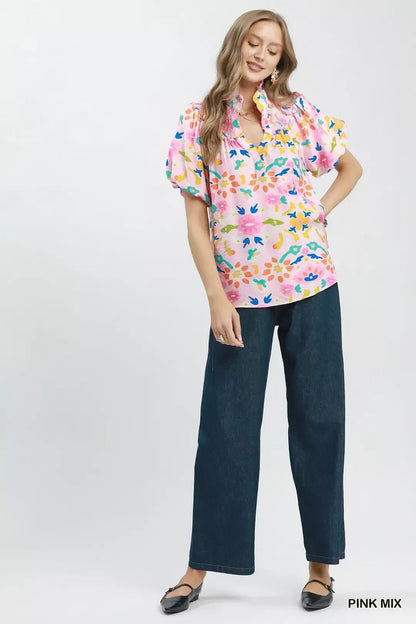 Umgee Folk Art Print Top with Smocked Detail - Bitsy Gypsy Boutique