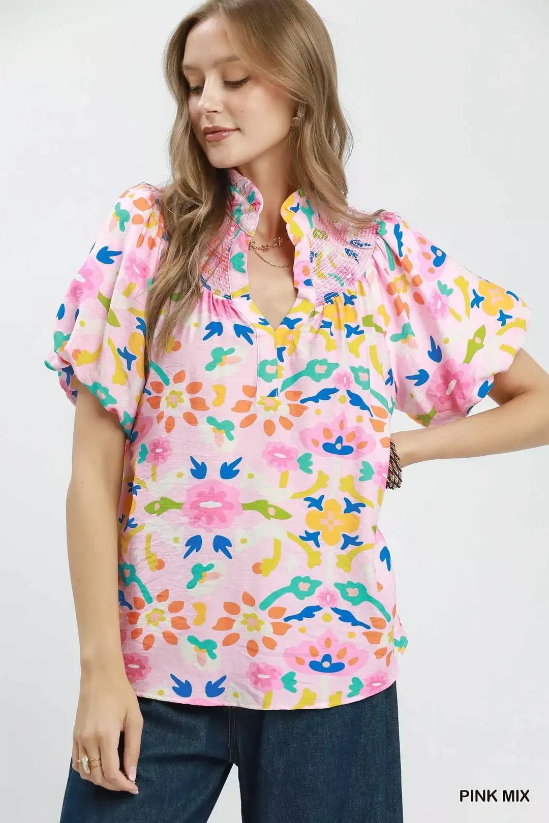 Umgee Folk Art Print Top with Smocked Detail - Bitsy Gypsy Boutique