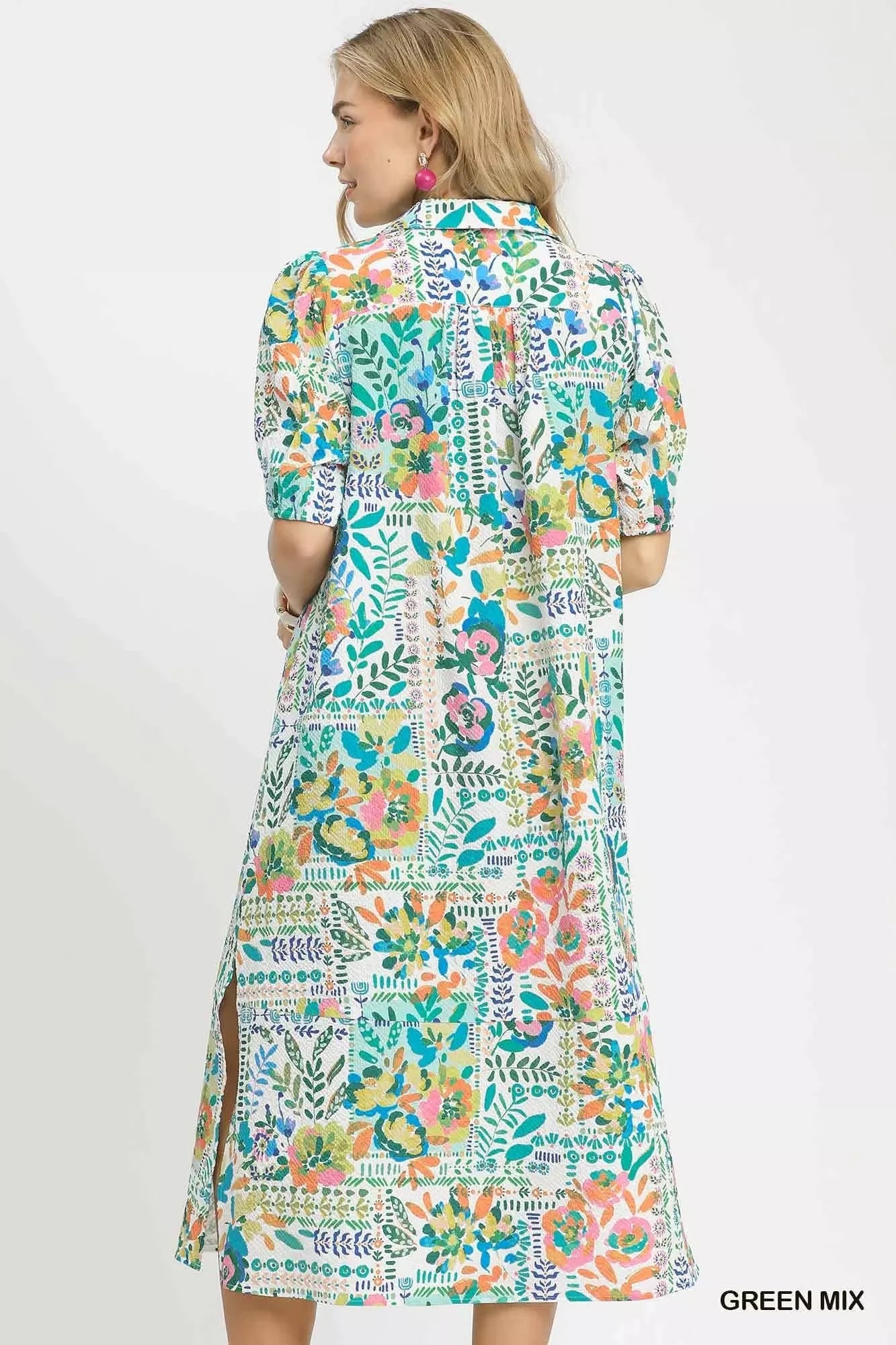 Umgee Folk Print Midi Dress with Side Pockets - Bitsy Gypsy Boutique