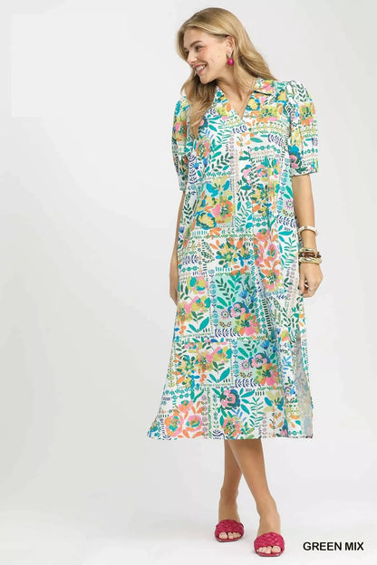 Umgee Folk Print Midi Dress with Side Pockets - Bitsy Gypsy Boutique