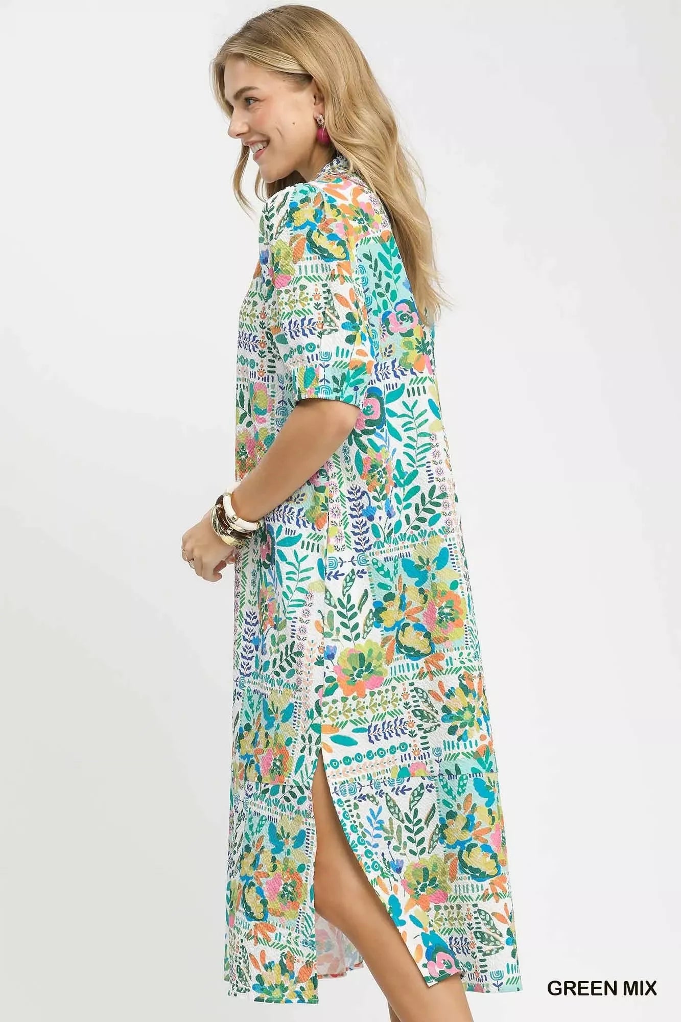 Umgee Folk Print Midi Dress with Side Pockets - Bitsy Gypsy Boutique