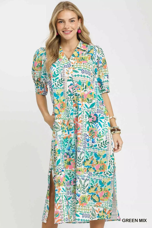 Umgee Folk Print Midi Dress with Side Pockets - Bitsy Gypsy Boutique