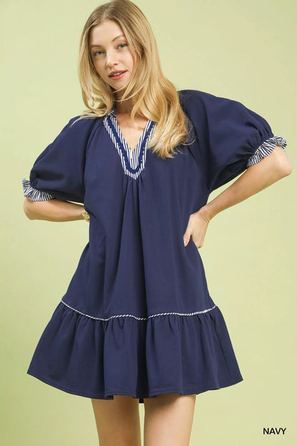Umgee French Terry Mini Dress with Ruffled Striped Trim - Bitsy Gypsy Boutique