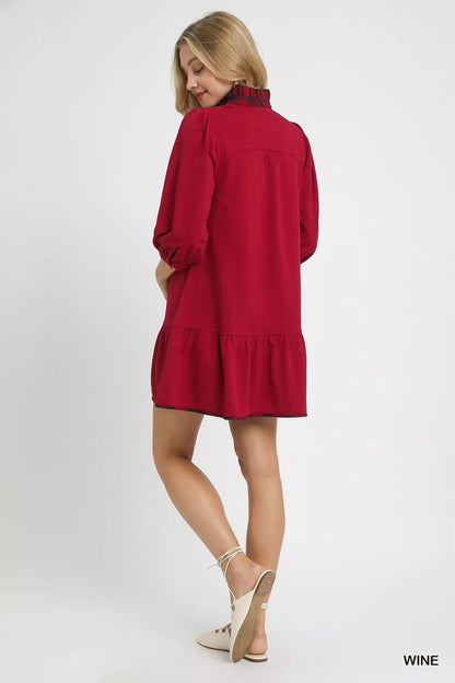 Umgee French Terry Ruffle Hem Dress with Plaid Trim - Bitsy Gypsy Boutique
