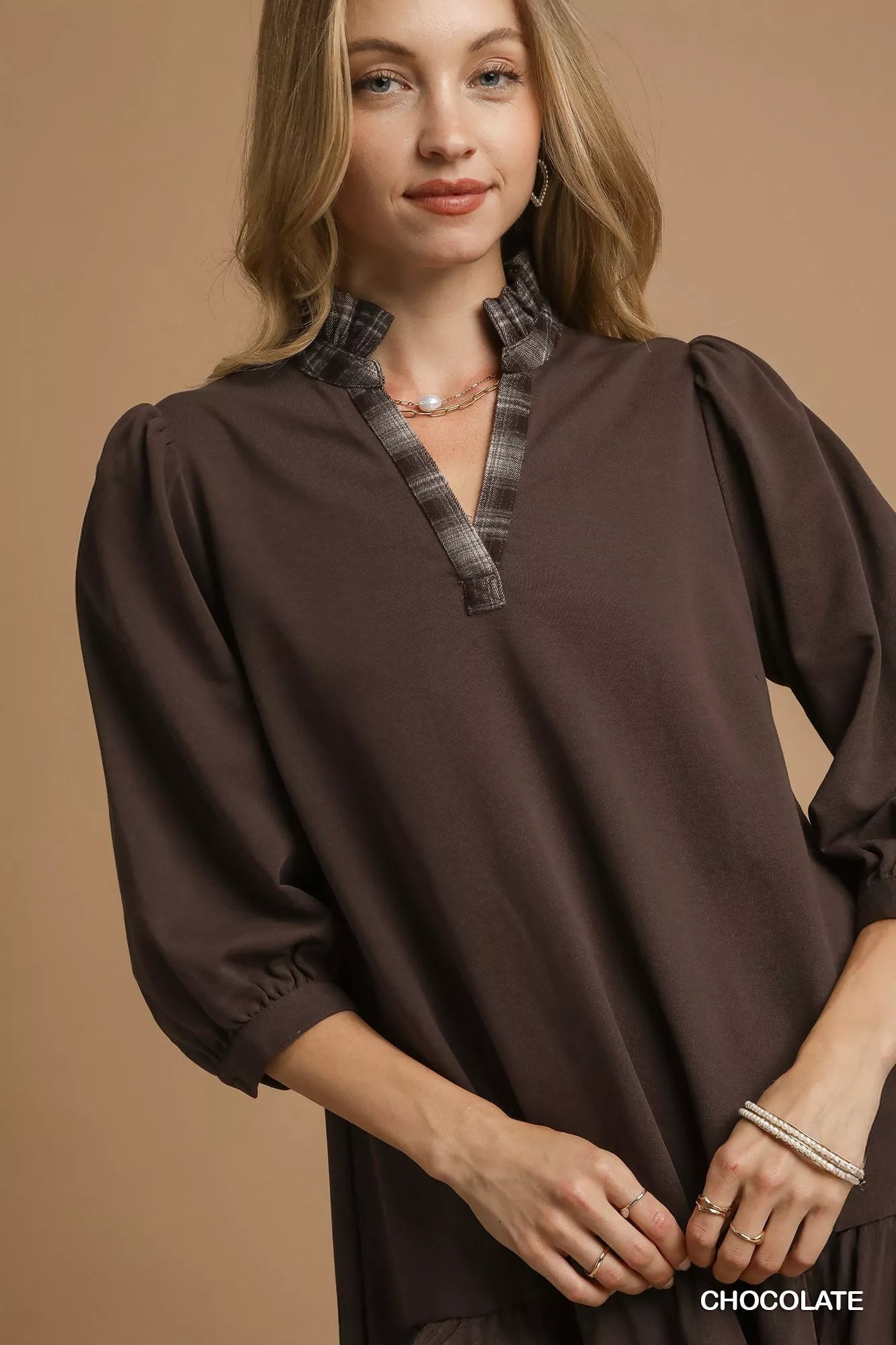 Umgee French Terry Ruffle Hem Dress with Plaid Trim - Bitsy Gypsy Boutique