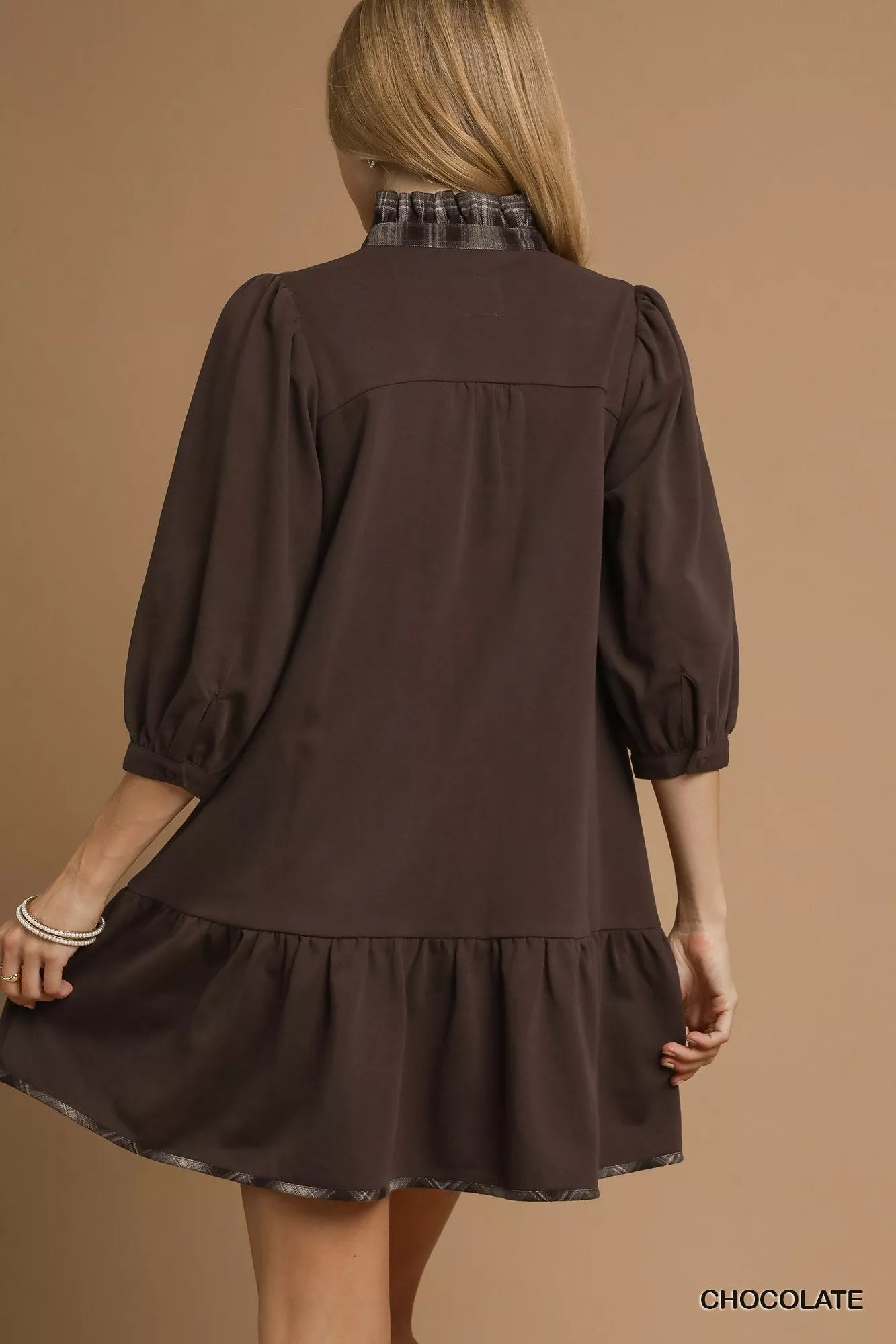 Umgee French Terry Ruffle Hem Dress with Plaid Trim - Bitsy Gypsy Boutique