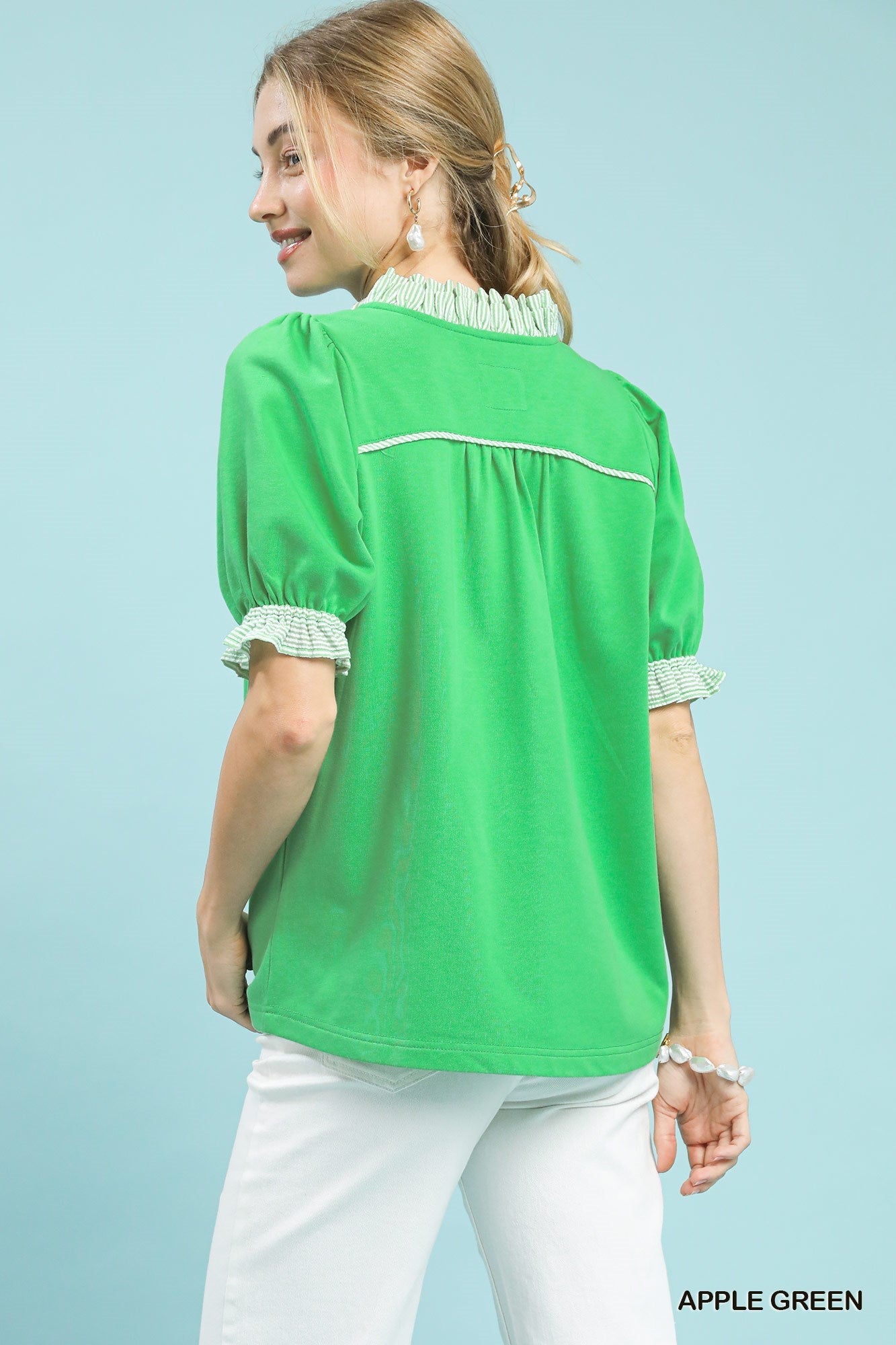 Umgee French Terry Ruffle Trim Puff Sleeve Top - Bitsy Gypsy Boutique