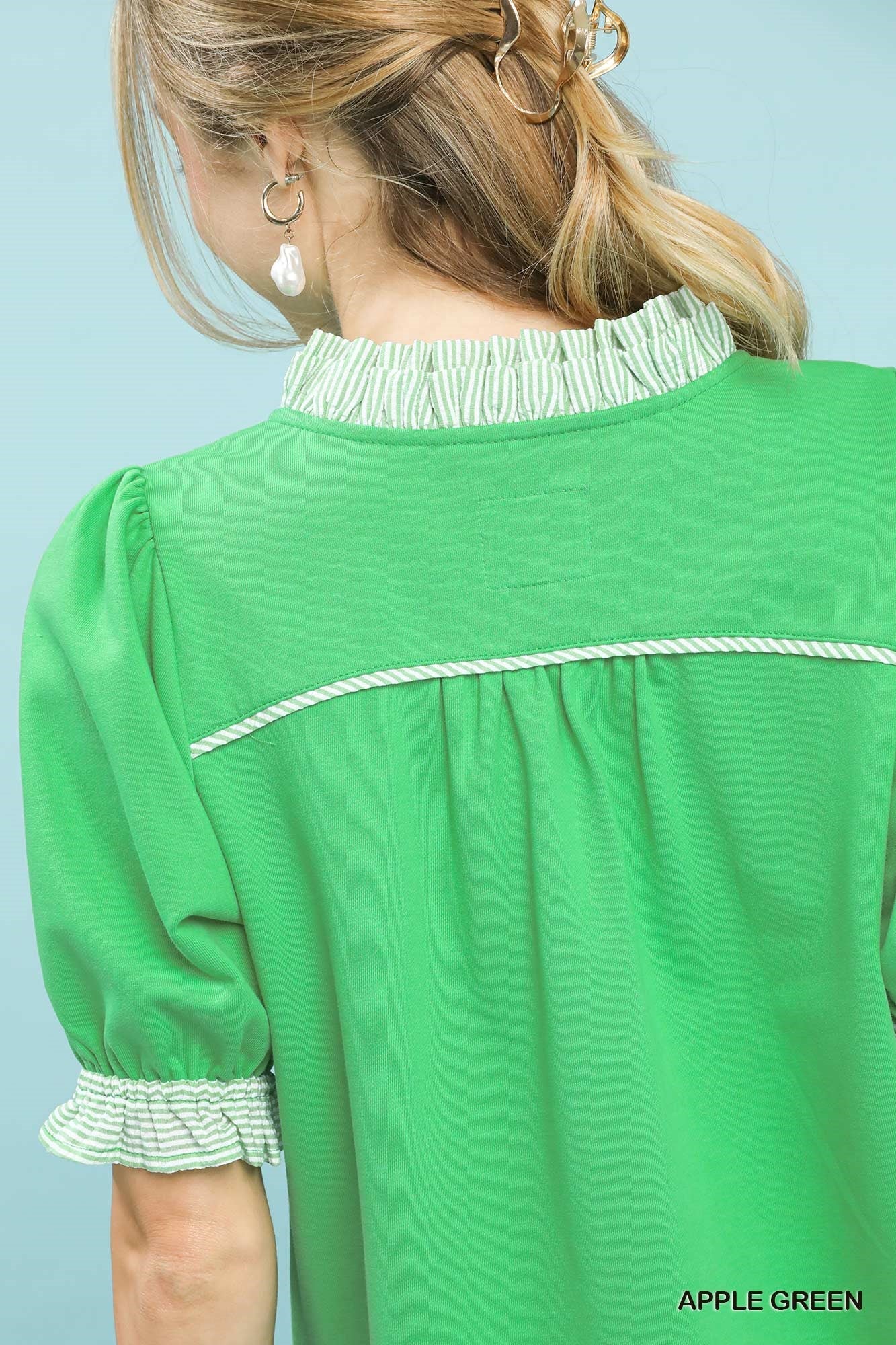 Umgee French Terry Ruffle Trim Puff Sleeve Top - Bitsy Gypsy Boutique