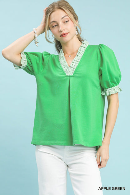 Umgee French Terry Ruffle Trim Puff Sleeve Top - Bitsy Gypsy Boutique