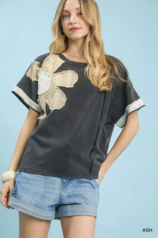 Umgee French Terry Top with Flower Patch - Bitsy Gypsy Boutique