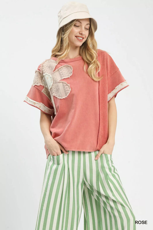 Umgee French Terry Top with Flower Patch - Bitsy Gypsy Boutique