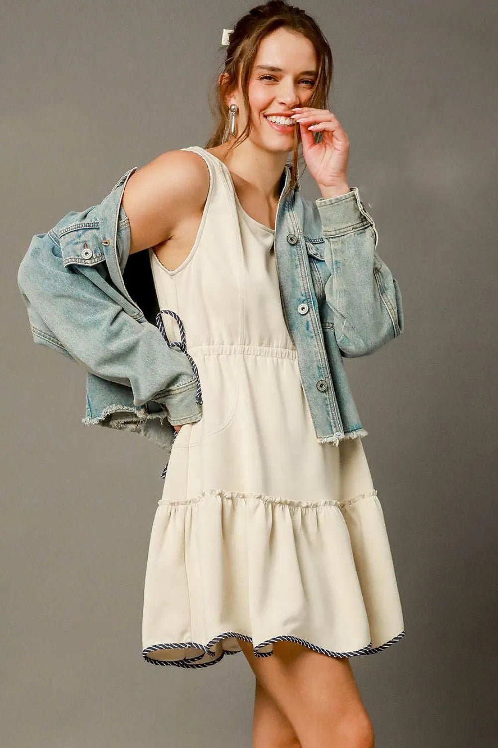 Umgee Frill Drawstring Waist Round Neck Mini Tank Dress - Bitsy Gypsy Boutique