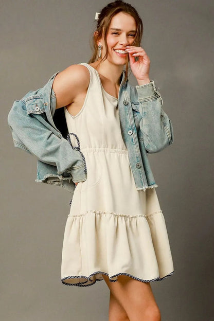 Umgee Frill Drawstring Waist Round Neck Mini Tank Dress - Bitsy Gypsy Boutique