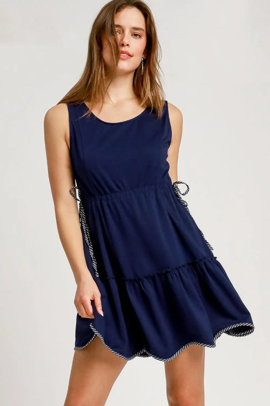Umgee Frill Drawstring Waist Round Neck Mini Tank Dress - Bitsy Gypsy Boutique