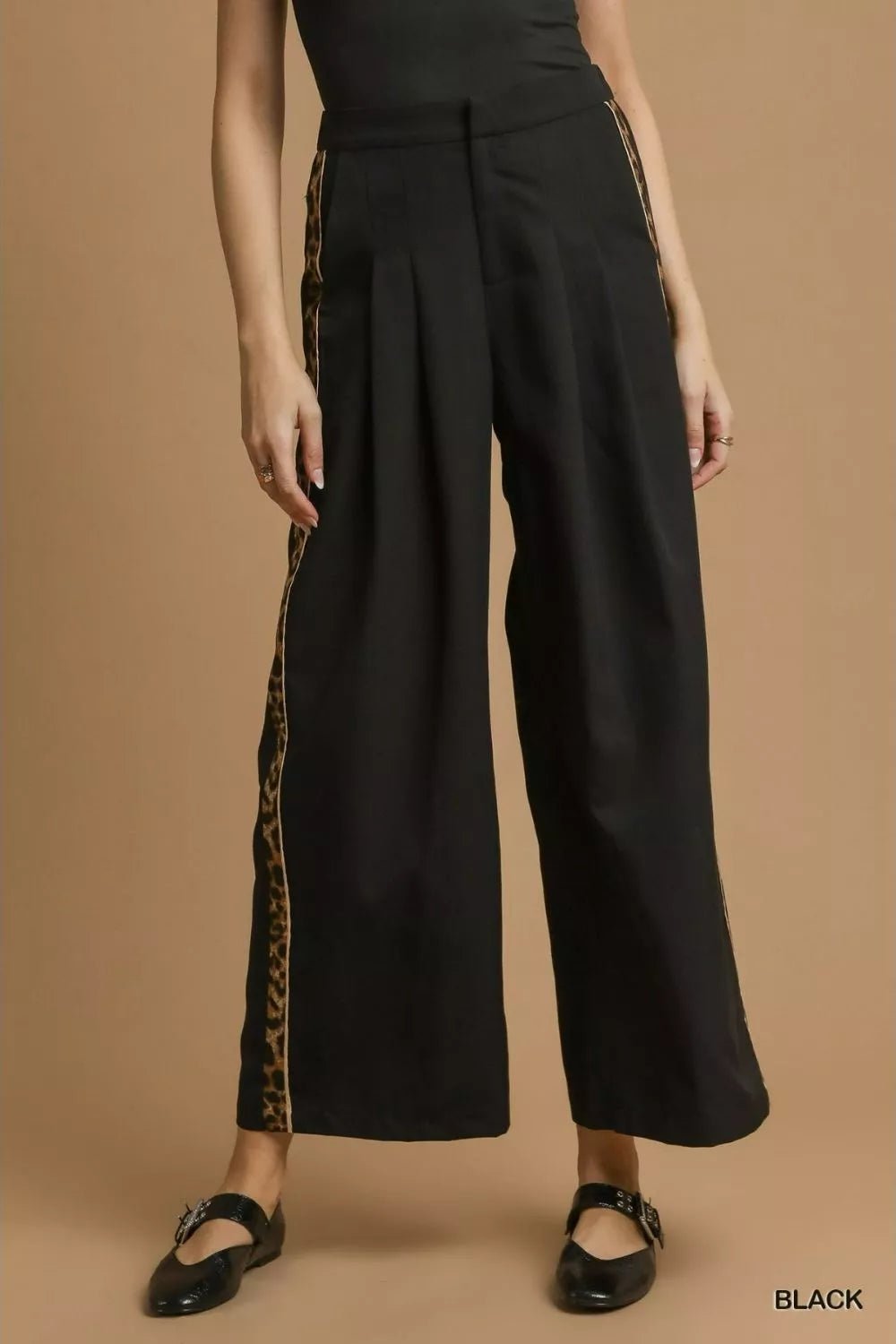 Umgee Front Pleated Wide - Leg Pants with Contrast Trim - Bitsy Gypsy Boutique