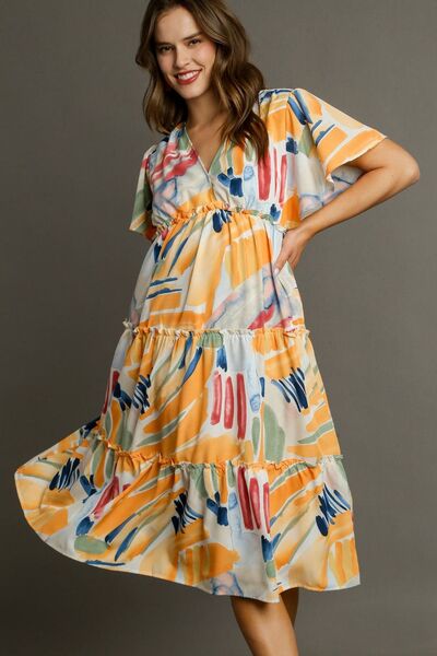 Umgee Full Size Abstract Print Flutter Sleeve Frill Tiered Midi Dress Plus Size - Bitsy Gypsy Boutique