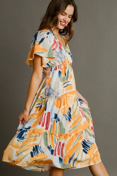 Umgee Full Size Abstract Print Flutter Sleeve Frill Tiered Midi Dress Plus Size - Bitsy Gypsy Boutique