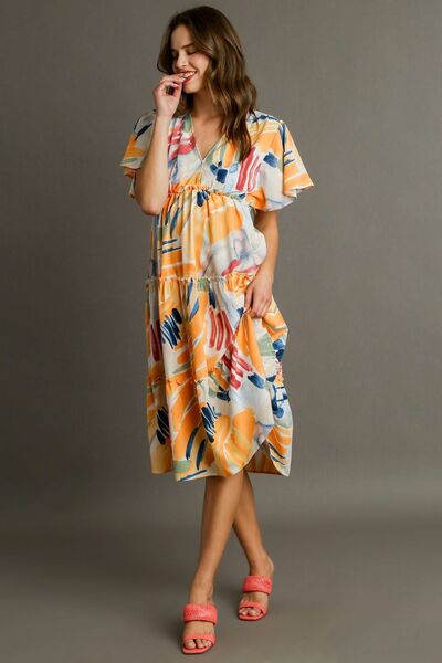 Umgee Full Size Abstract Print Flutter Sleeve Frill Tiered Midi Dress Plus Size - Bitsy Gypsy Boutique