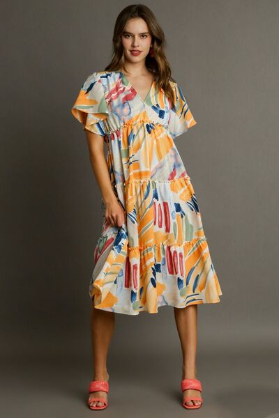 Umgee Full Size Abstract Print Flutter Sleeve Frill Tiered Midi Dress Plus Size - Bitsy Gypsy Boutique