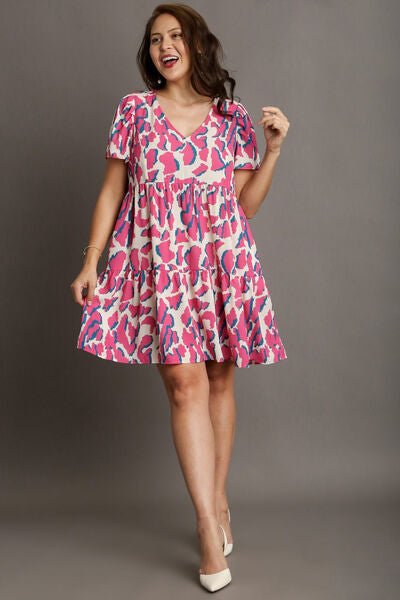 Umgee Full Size Abstract Print Pleat Detail Short Sleeve V - Neck Tiered Dress Plus Size - Bitsy Gypsy Boutique