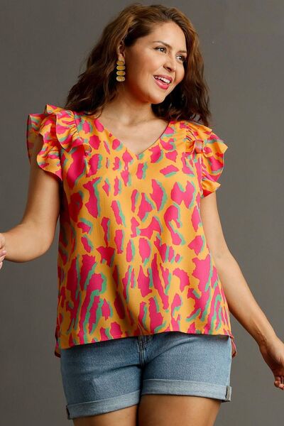 Umgee Full Size Abstract Print V - Neck Double Layer Ruffle Sleeve Blouse Plus Size - Bitsy Gypsy Boutique