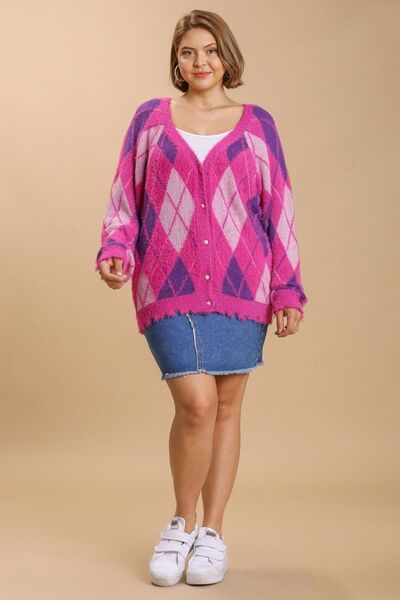 Umgee Full Size Argyle Pattern V - Neck Button Front Cardigan Plus Size - Bitsy Gypsy Boutique