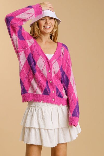 Umgee Full Size Argyle Pattern V - Neck Button Front Cardigan Plus Size - Bitsy Gypsy Boutique