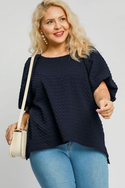 Umgee Full Size Boxy Cut Jacquard Round Neck Top with Side Slit - Bitsy Gypsy Boutique