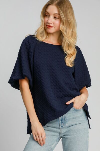 Umgee Full Size Boxy Cut Jacquard Round Neck Top with Side Slit - Bitsy Gypsy Boutique
