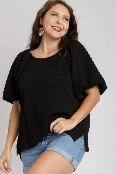Umgee Full Size Boxy Cut Jacquard Round Neck Top with Side Slit - Bitsy Gypsy Boutique