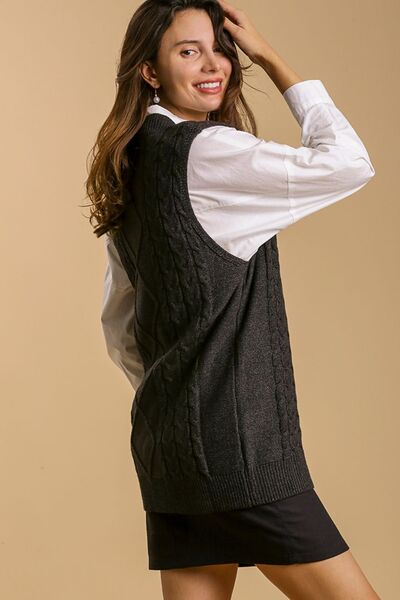 Umgee Full Size Cable V - Neck Vest Sweater - Bitsy Gypsy Boutique