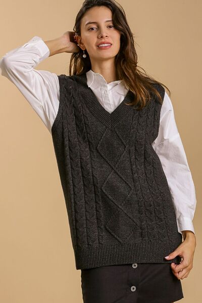 Umgee Full Size Cable V - Neck Vest Sweater - Bitsy Gypsy Boutique