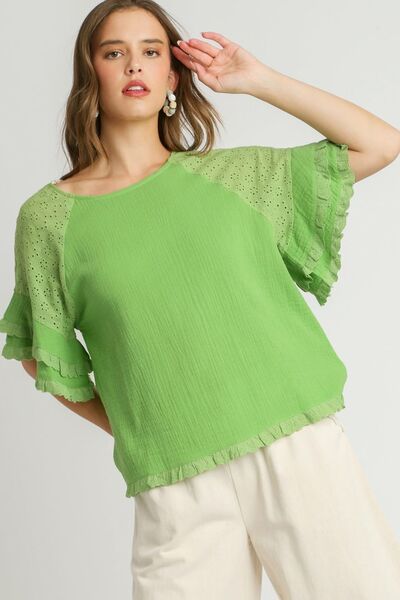 Umgee Full Size Cotton Gauze Round Neck Ruffle Eyelet Layered Sleeve Blouse Plus Size - Bitsy Gypsy Boutique